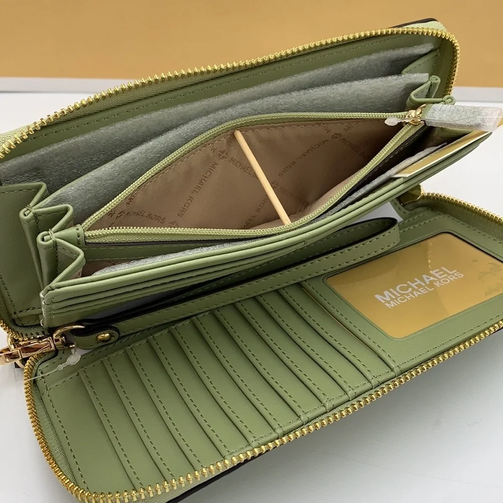 MICHAEL KORS Leather Continental Wristlet Phone Case Wallet Light Sage NWT